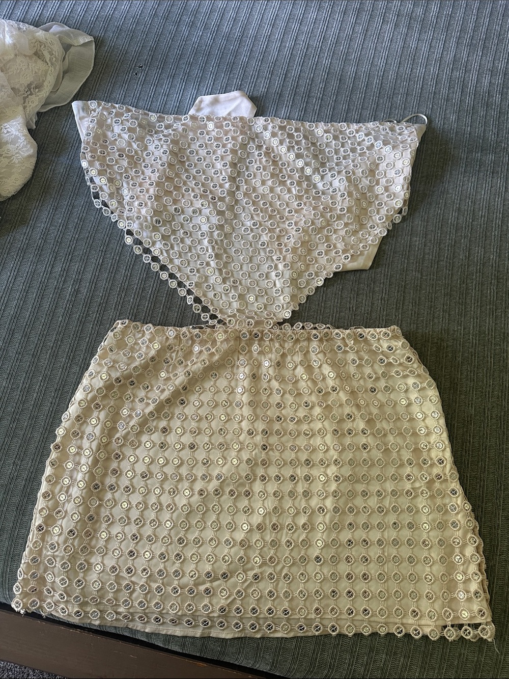 12th Tribe Cream Sequin Mesh Mini Skirt Set